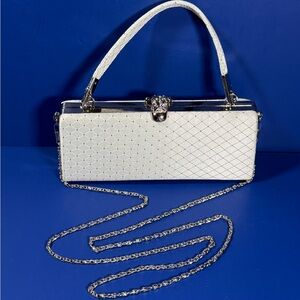 Vintage White Quilted Satin Evening Bag: Silver Chain Clutch, Crystal Snap Stud